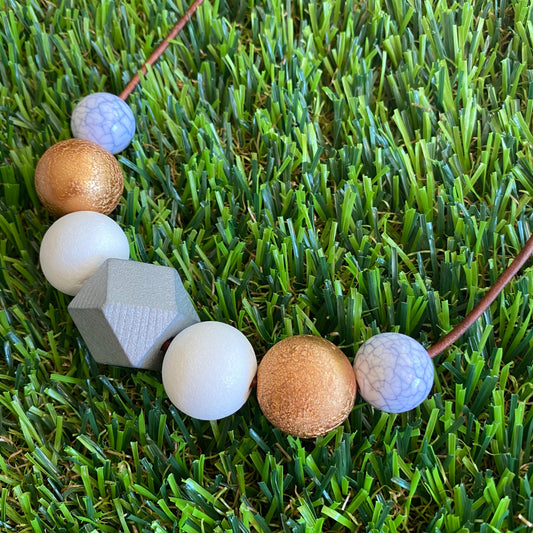 Leather Beaded Necklace - Handmade Lightweight Designer Necklace Made with Adjustable Sliding Knots - Featuring White, Silver, Crackle Gold and Marble Accents.