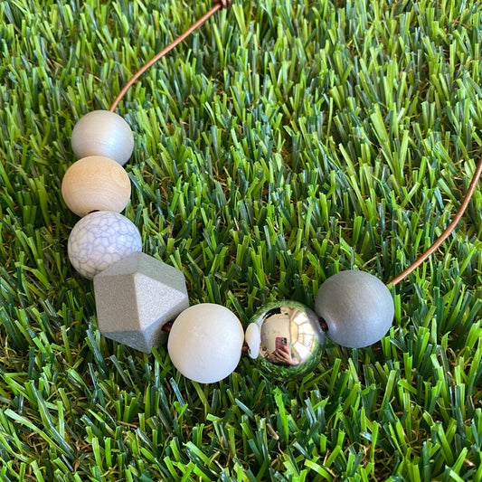 Leather Beaded Necklace - Handmade Lightweight Designer Necklace Made with Adjustable Sliding Knots - Featuring Silver, White, Marble and Timber Accents.
