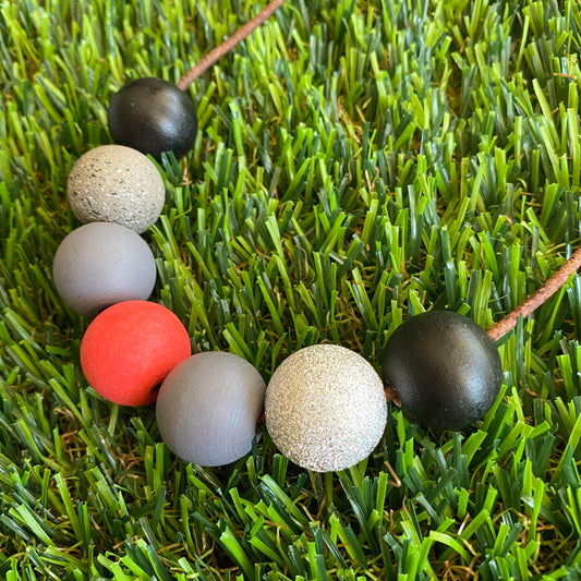 Leather Beaded Necklace - Handmade Lightweight Designer Necklace Made with Adjustable Sliding Knots - Featuring Red, Grey, Silver and Black Accents.