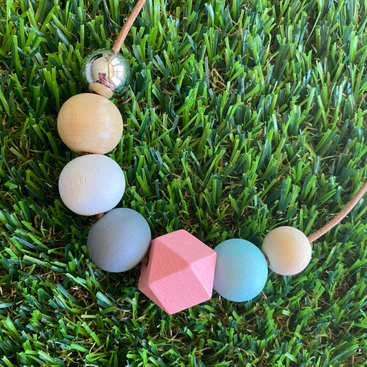 Leather Beaded Necklace - Handmade Lightweight Designer Necklace Made with Adjustable Sliding Knots - Featuring Pink, Blue, White, Grey and Timber Accents.