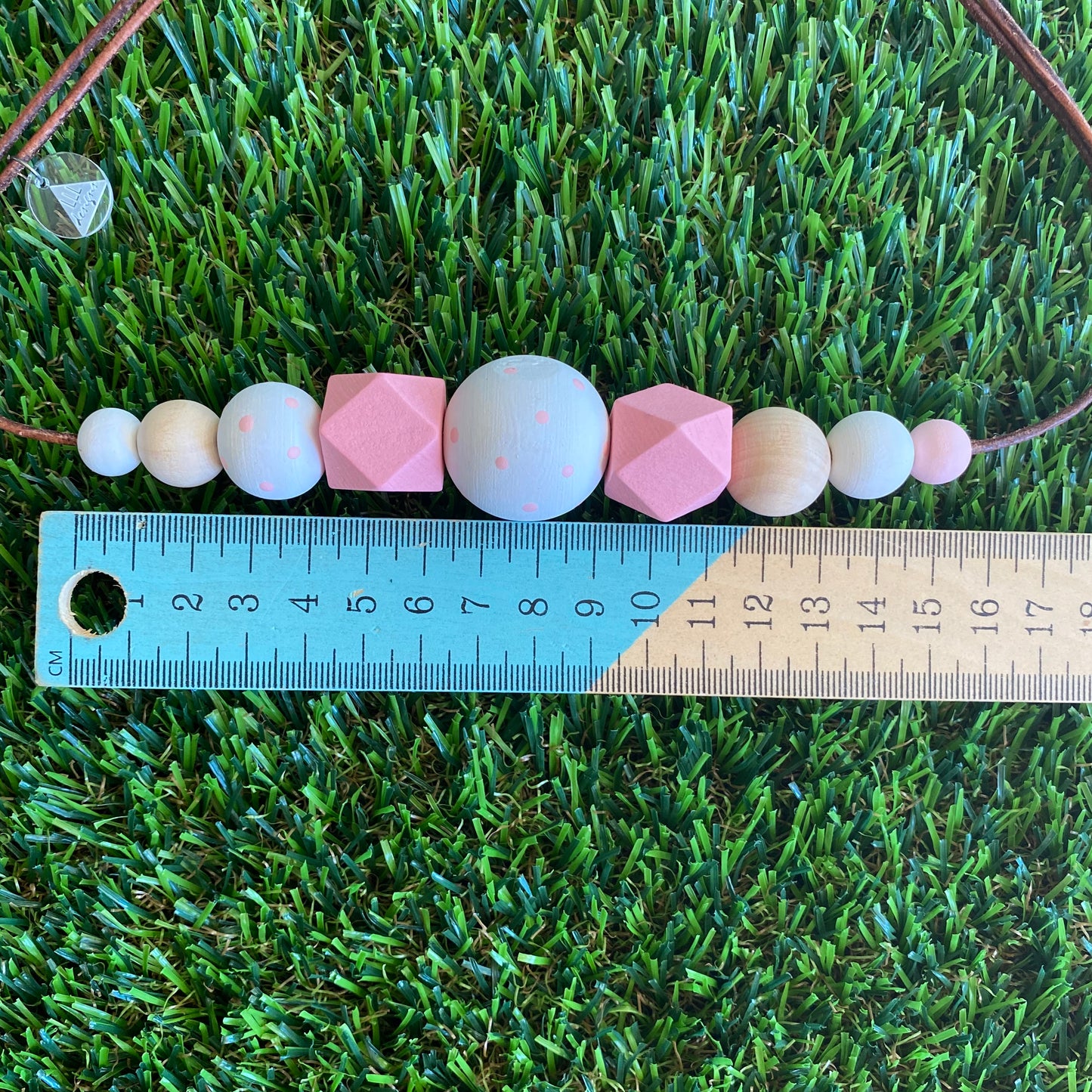 Leather Beaded Necklace - Handmade Lightweight Designer Necklace Made with Adjustable Sliding Knots - Featuring White, Pink and Timber Accents.
