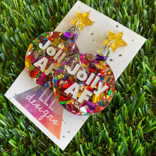 Jolly AF Statement Dangle Earrings with Rainbow Glitter and Gold Glitz Star Tops.