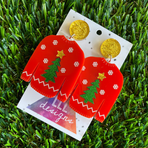 Ugly Christmas Sweater Earrings - Christmas Sweater Earrings - Red Sweater - Christmas Tree Pattern featuring a gold glitz star!