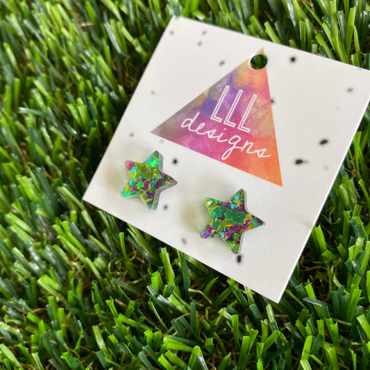 Star Stud Earrings - Green and Purple Holographic Glitz Star Stud Earrings - The Perfect little Pop of colour to brighten your day!