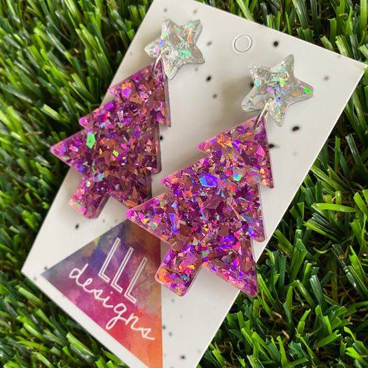 Christmas Tree Earrings - Pink and Purple Holographic Glitz Christmas Trees with Silver Holographic Star Tops.