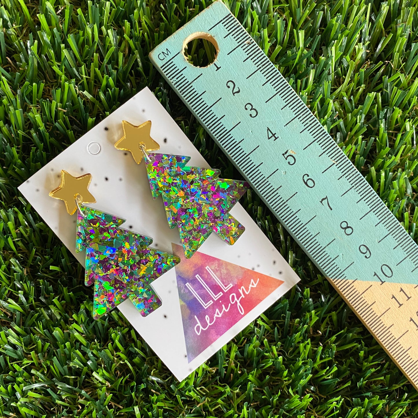 Christmas Tree Earrings - Green and Purple Holographic Glitz Christmas Trees with Gold Mirror Star Tops.