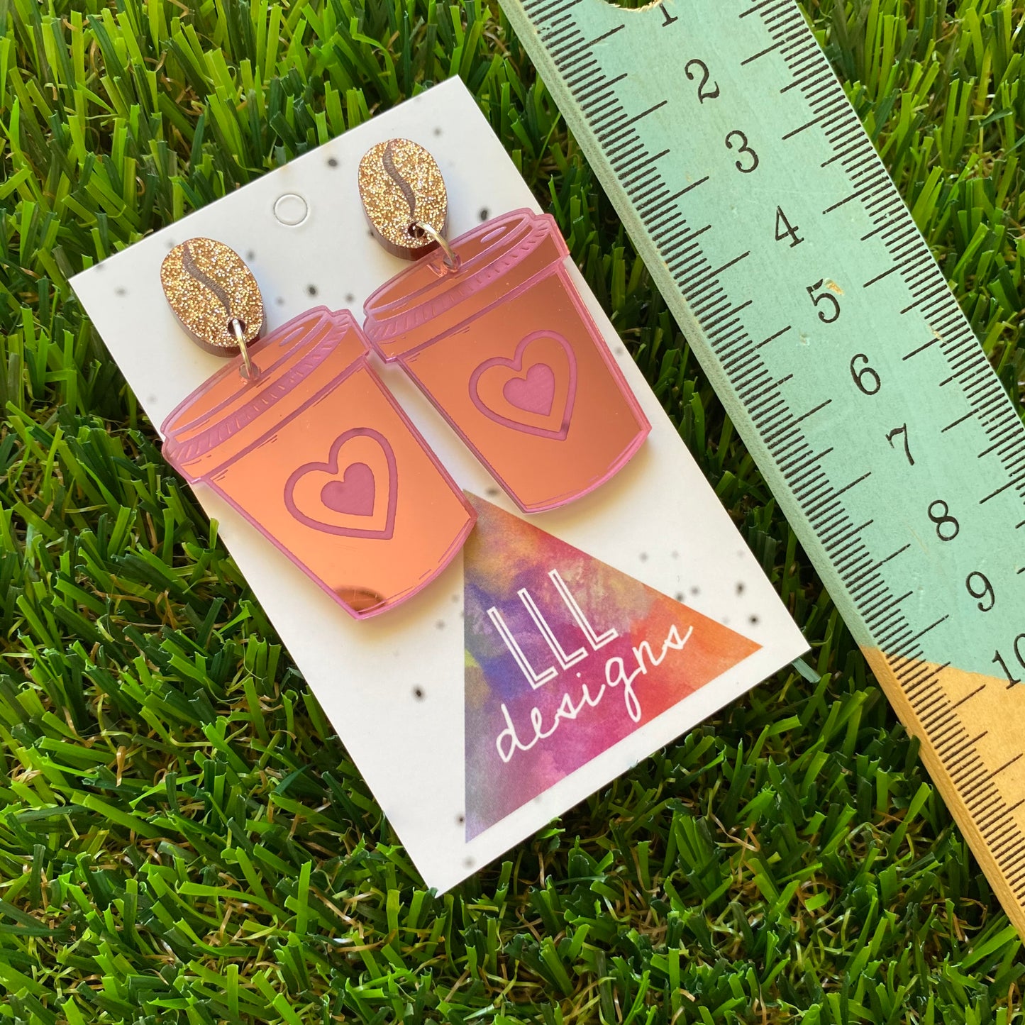 Coffee Earrings - I love Coffee Earrings - Statement Take Away Coffee Cup Dangle Earrings Featuring Copper Glitter Coffee Bean Tops to make them POP!