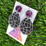 Easter Egg Dangle Earrings - Silver Mirror Easter Egg Earrings with Metallic Rainbow Top to make them POP!