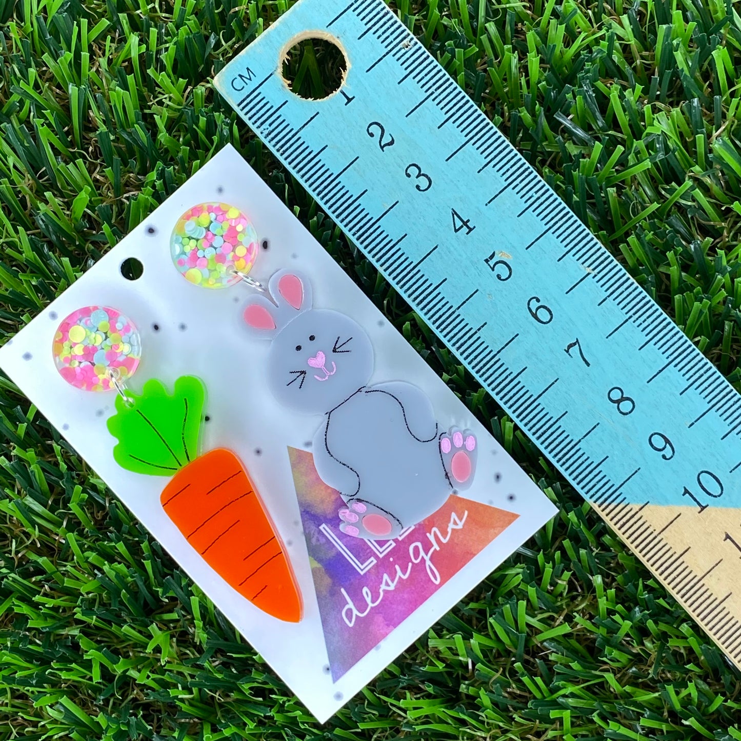Easter Earrings. Easter Bunny & Carrot Statement Dangle Earrings. Layered & Hand Painted Acrylic, featuring Colourful Confetti Tops.