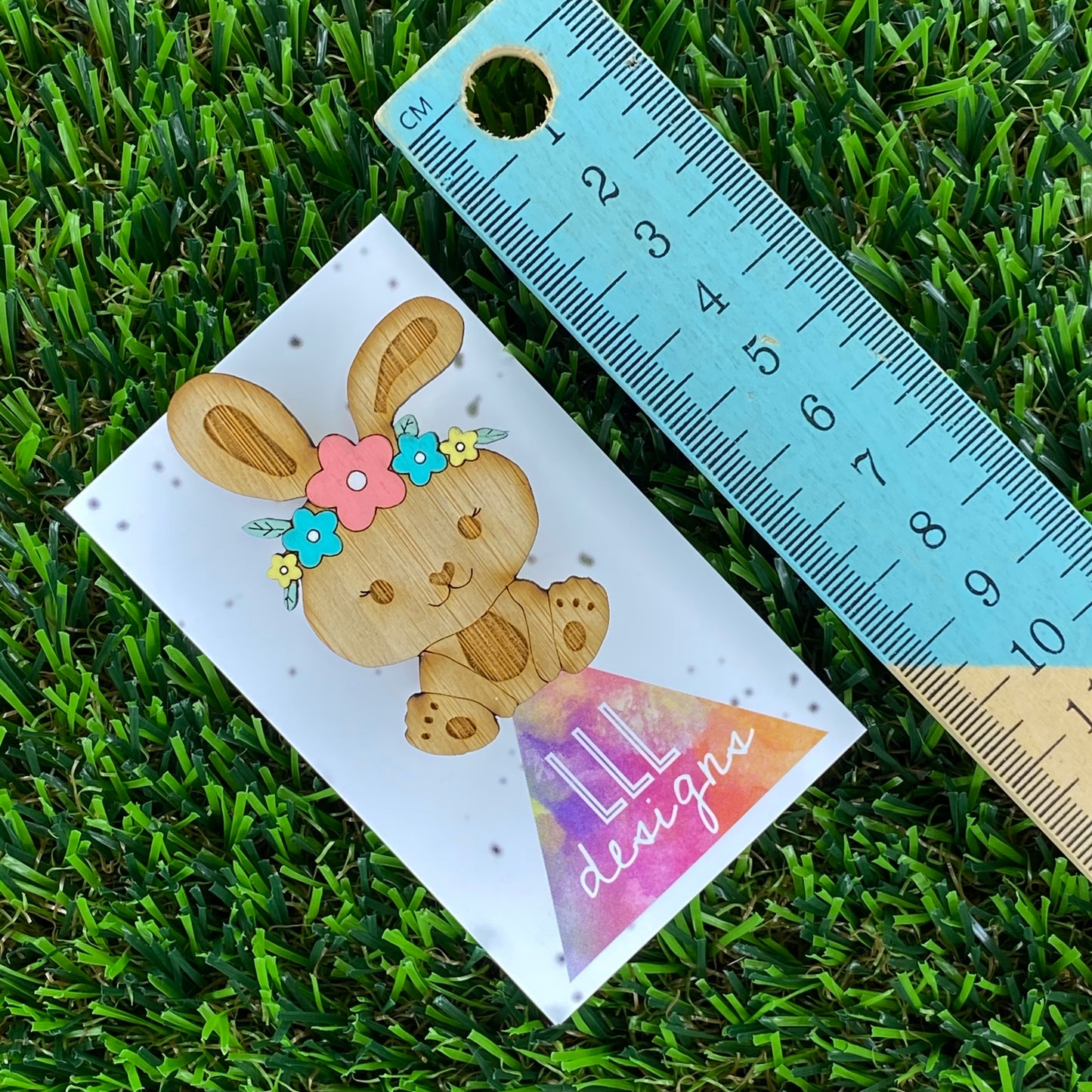 Easter Bunny Brooch with Hand Painted Pastel Flower Crown. Laser Cut & Etched Timber Brooch.