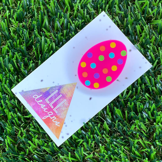 Easter Egg Brooch. Hand Painted Hot Pink Easter Egg Brooch - Featuring Rainbow Polka Dots. Medium Size.