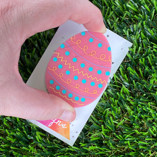 Easter Egg with Chick Pop-Up Brooch - Pink, Detailed Hand Painted Patterned Easter Egg.