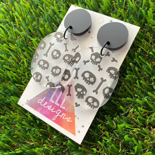 Skull & Bones Matte Frosted Pebble Dangle Earrings - Featuring Black Jump Rings.