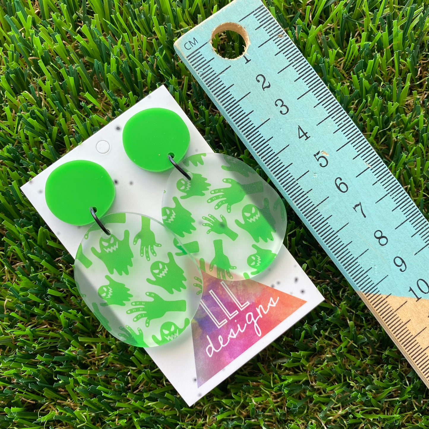 Ghouls & Ghosts Frosted Neon Green Pebble Dangle Earrings - Featuring Black Jump Rings.