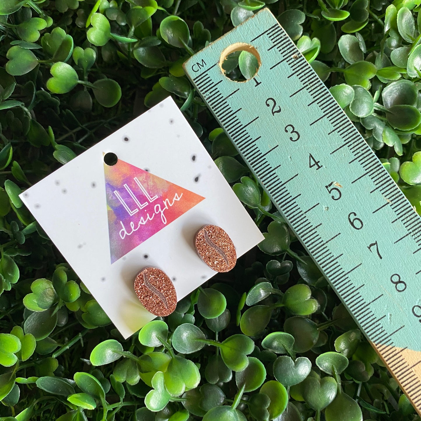 Coffee Bean Stud Earrings. Super Cute Glitter Copper Coffee Bean Stud Earrings With Etched Detail.