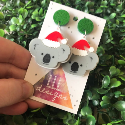 Australian Christmas Koala Dangle Earrings - Detailed Layered Acrylic Koala Santa Dangle Earrings.