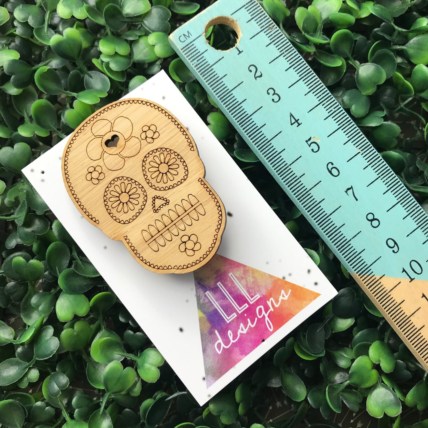 Bamboo Sugar Skull Brooch - Detailed Laser Etched Sugar Skull Badge.