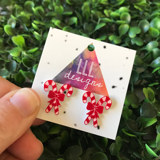 Candy Cane Red and White Stud Earrings with Bow.