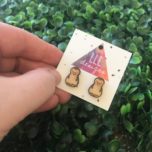 Laser Etched Timber Penguin Stud Earrings.