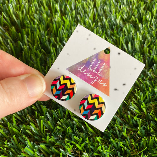 Rainbow Chevron Printed Timber Stud Earrings.