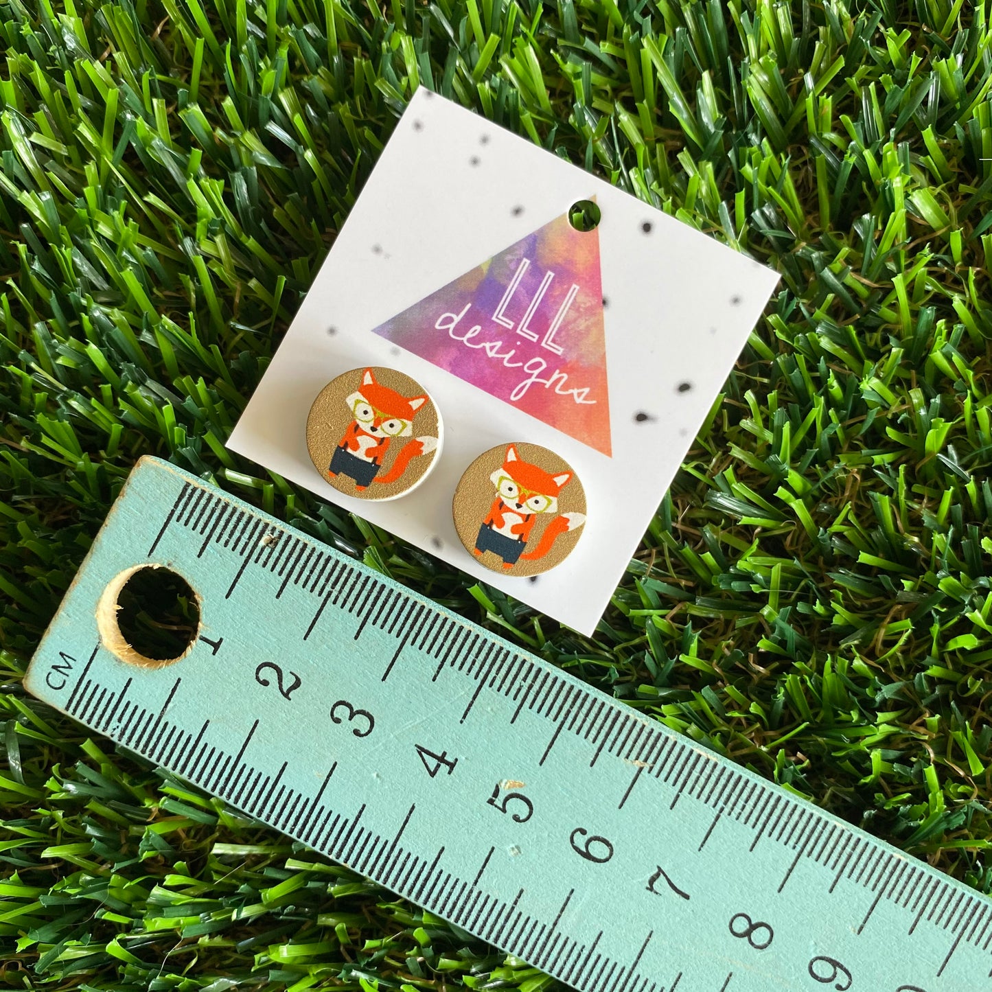 Super Cute Cartoon Hipster Fox Printed Timber Stud Earrings.