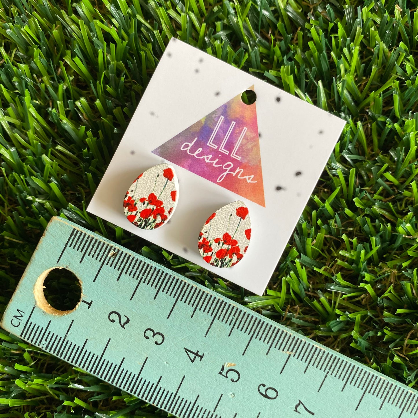Red Poppy Field - Printed Tear Drop Timber Stud Earrings.