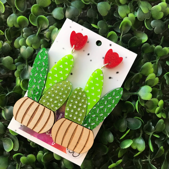 Cactus Earrings - Hand Painted Cactus Trio Dangle Earrings.