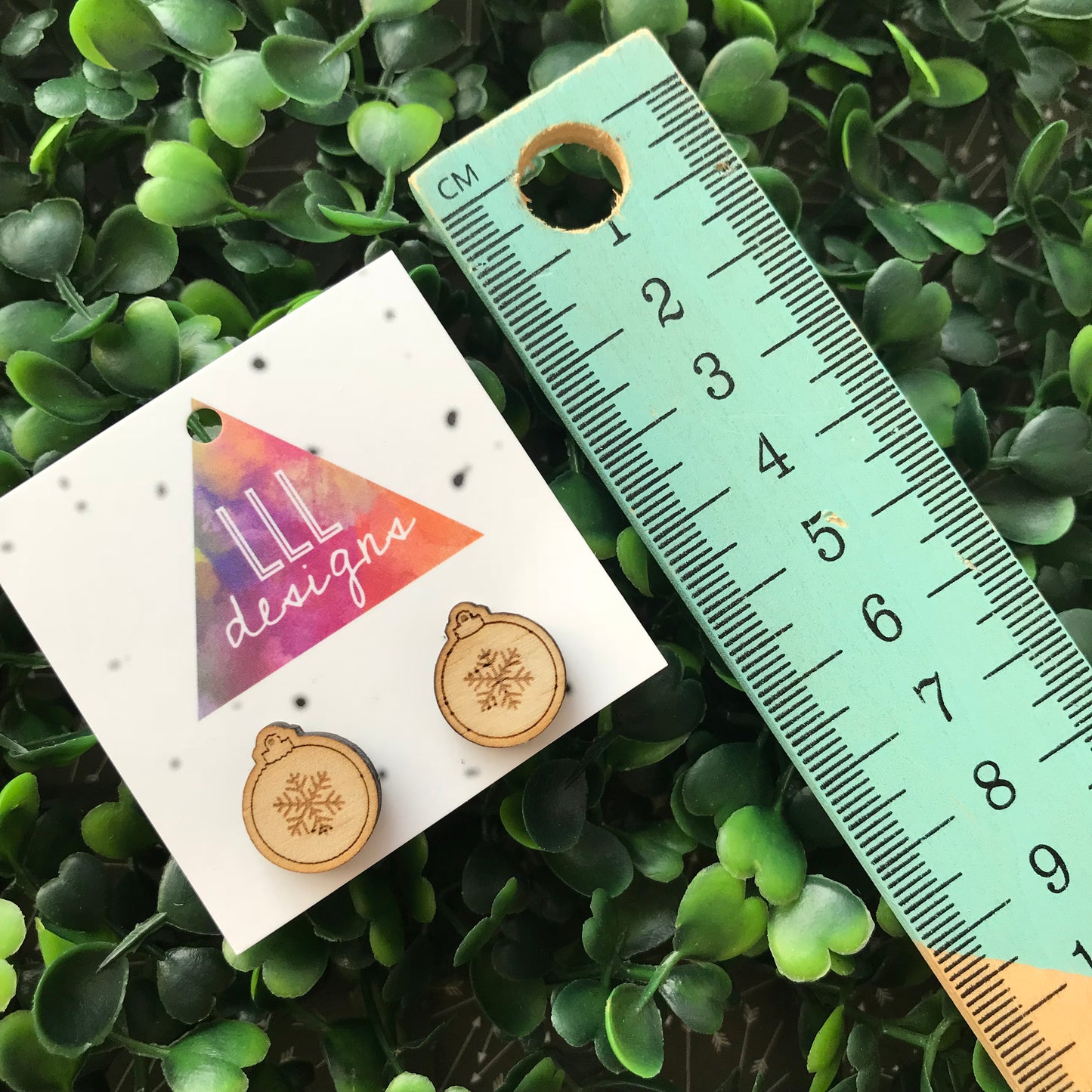 Christmas Bauble Stud Earrings. Timber Etched Earrings.