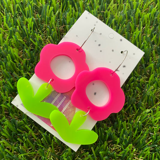 Fabulous Flower Neon Hoop Dangle Earrings - Bright and Bold!!!