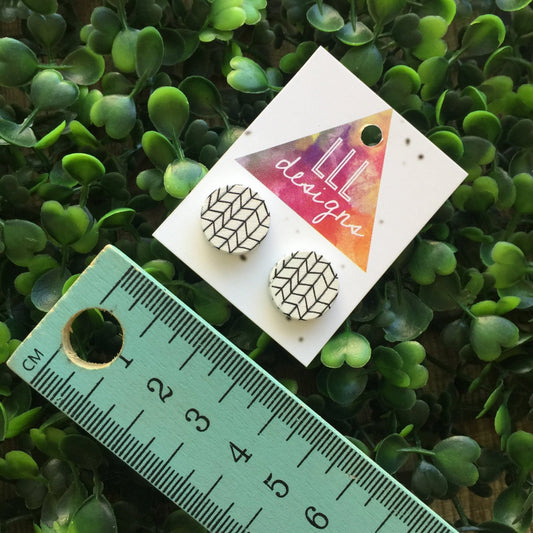 Black & White Monochrome Printed Studs/Earrings. Geometric Studs. Geometric Earrings. Geo Love. Handmade in Canberra, Australia. On trend.