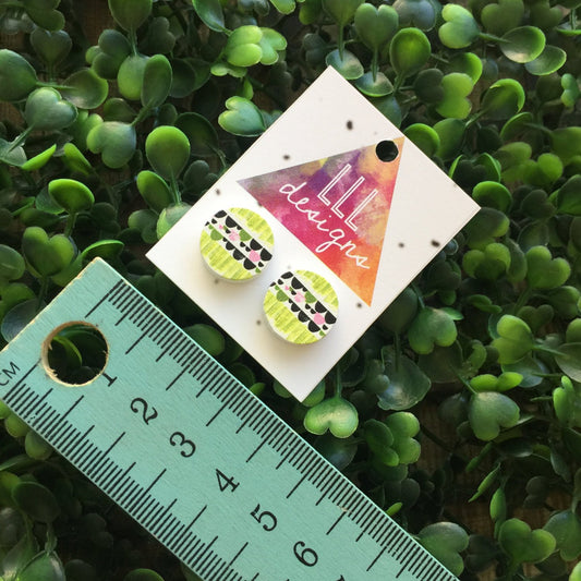 Printed Timber Stud Earrings. (Grn Scallops) Life's too short too wear boring Jewellery. Quirky and fun earrings. Australian Business.