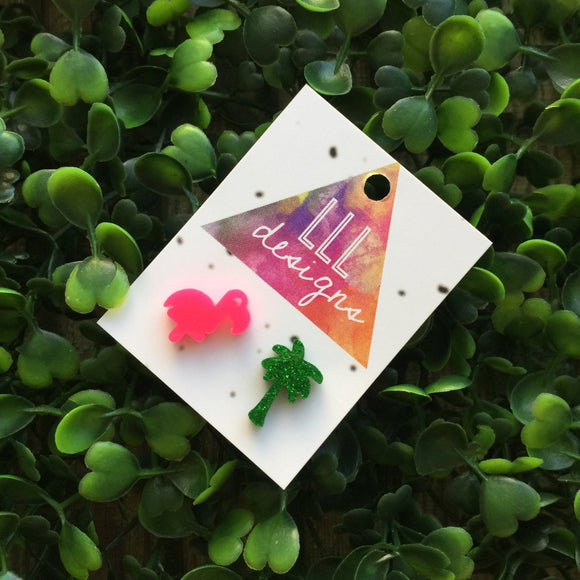 Flipping Fancy Flamingo Mix Match Earrings. Glorious Glitter Green Palm Tree Earrings. Totes Tropical Earrings. Mix it up!