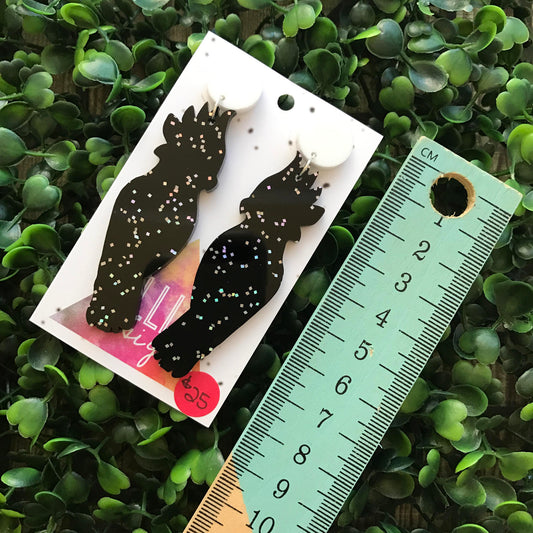 Glitter Black Cockatoo Statement Dangle Earrings. Australian Earrings. Australian Animal. Quirky Earrings. Galaxy Glitter Earrings.