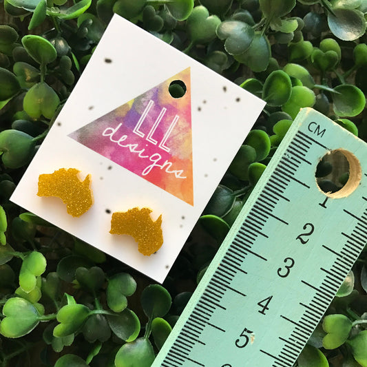 Australian Map Glitter Gold Stud Earrings. Aussie Earrings. Australia. Fun and Fabulous Earrings. Life's to short to wear boring Jewellery!!