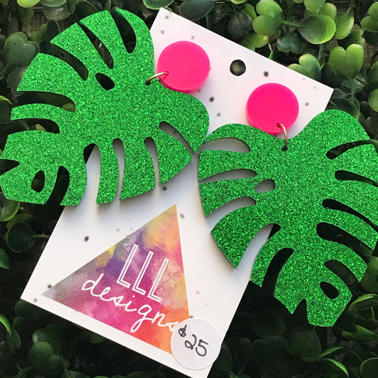 Monstera Statement Dangle Earrings. (mega size) Glorious Glitter Green Statement Earrings. Laser Cut Leaf Earrings. Be BOLD - Be YOU!!!