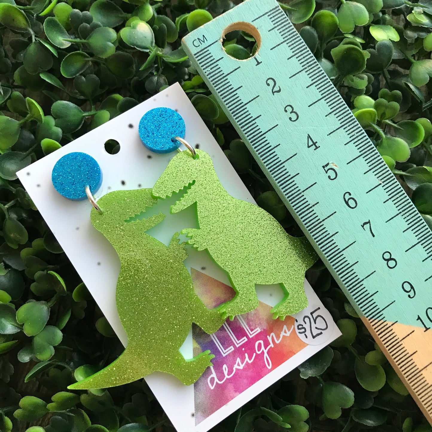 Terrific Trex Statement Dangle Earrings. Jumbo Dino Dangles will always Brighten your day! Get your Groove on with this Glittery Guys!!