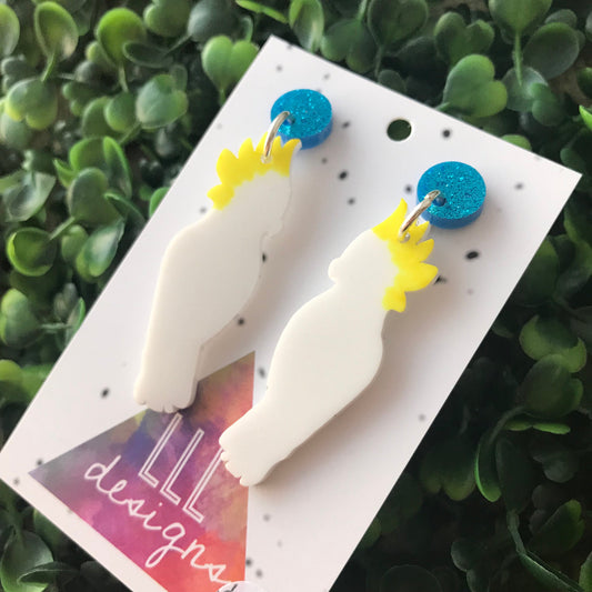 Cockatoo Statement Dangle Earrings. (mini size) Australian Earrings. Australian Native Bird. Quirky Earrings. Hand Painted Earrings!