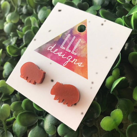 Wonderful Wally the Wombat Stud Earrings. A Super Cute little Aussie Local to add some whimsy to your day. Made from Copper Pearl Acrylic.