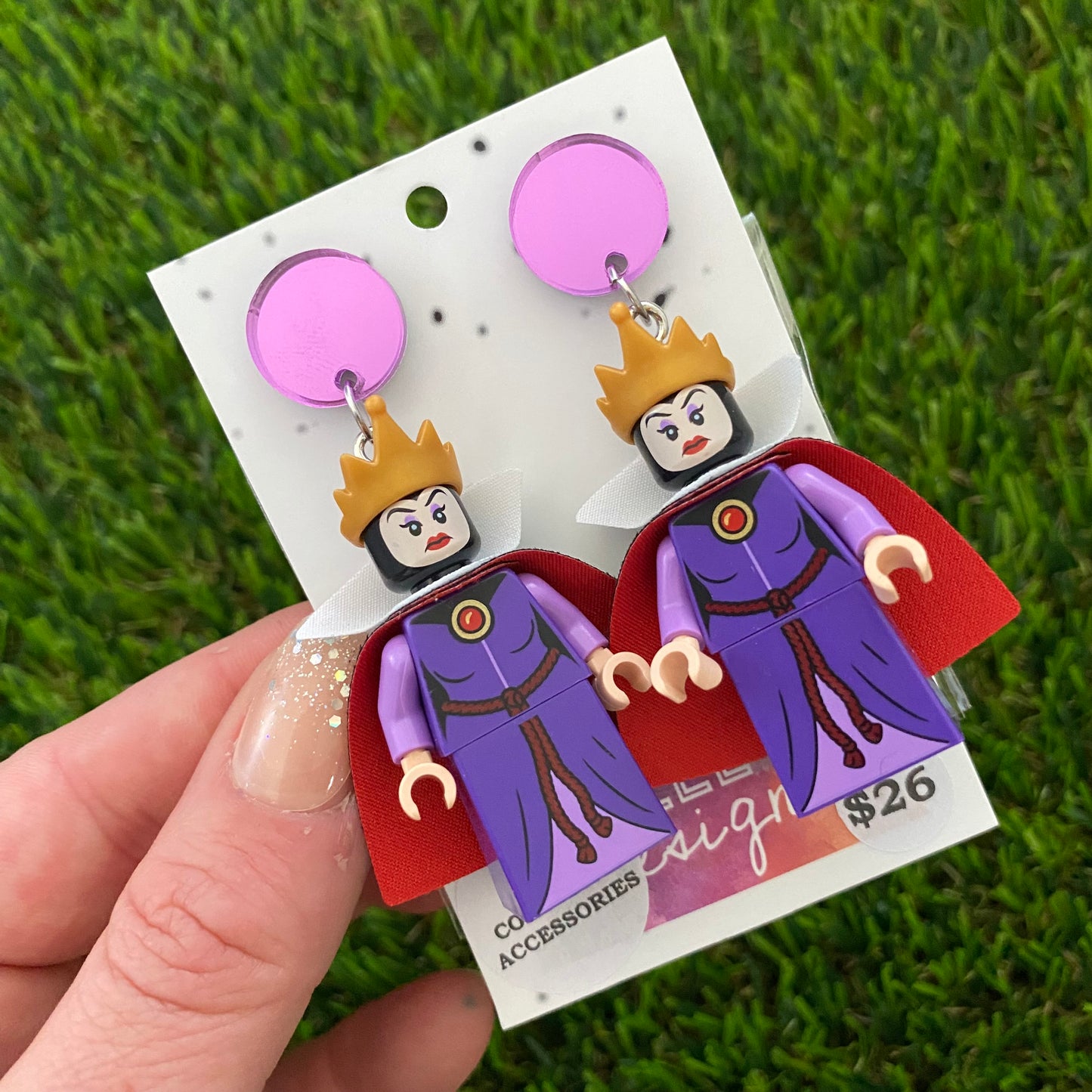 Brick Character Purple Evil Queen Dangle Earrings with Accessories - Featuring Purple Mirror Tops!