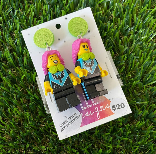 Pink Haired Gamer Girl Brick Character With a PC - Featuring Green Acrylic Glitter Tops!