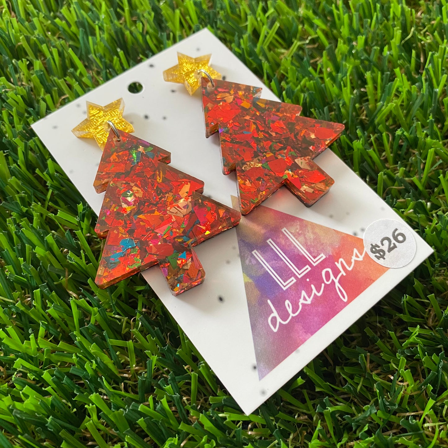 Red Toned Rainbow Metallic Glitz Christmas Tree Statement Dangle Earrings with Gold Glitz Star Tops. #festiveaf