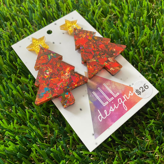 Red Toned Rainbow Metallic Glitz Christmas Tree Statement Dangle Earrings with Gold Glitz Star Tops. #festiveaf