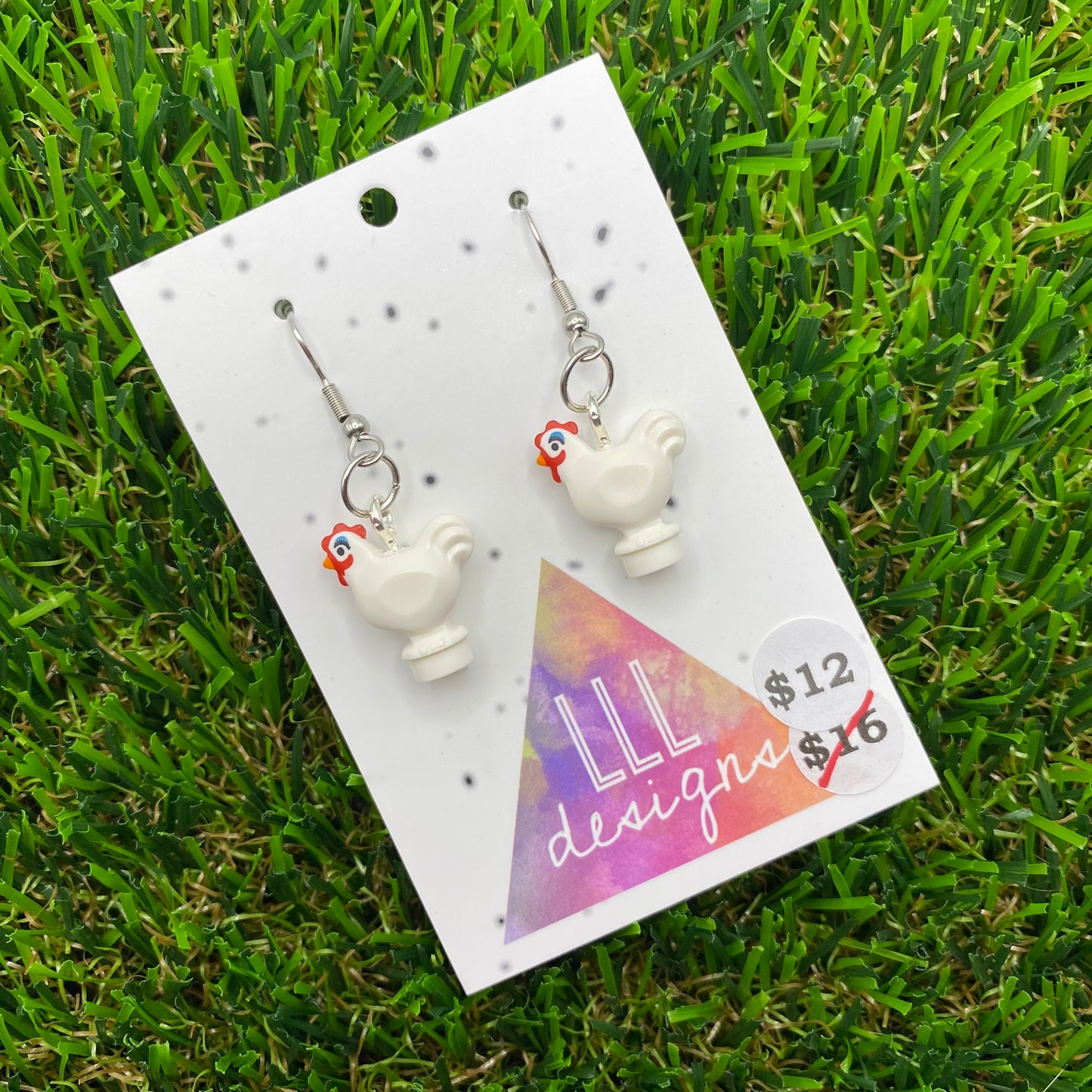 White Chicken/Hen Brick Animal Hook Earrings - Super Lightweight!