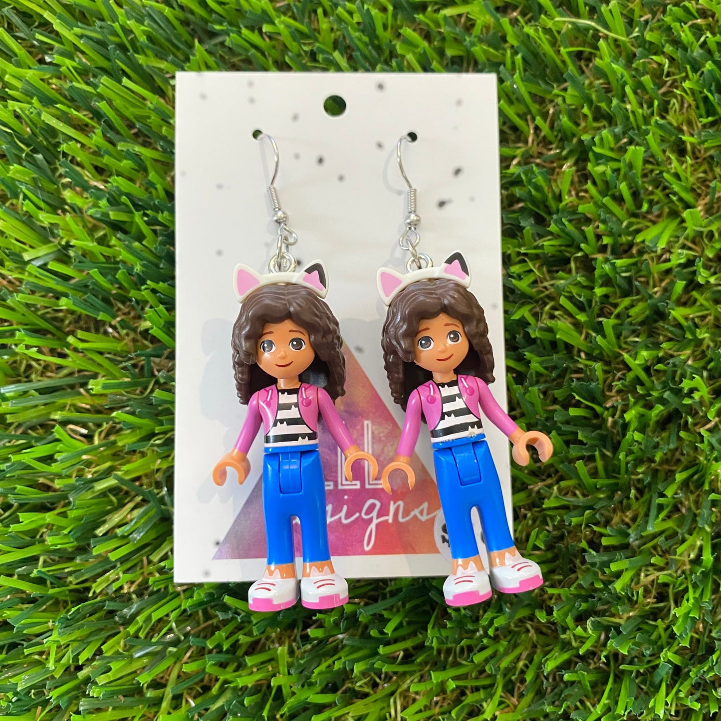 Gaby with Cat Ears Brick Character Dangle Earrings - Featuring Surgical Stainless Steel Hooks!