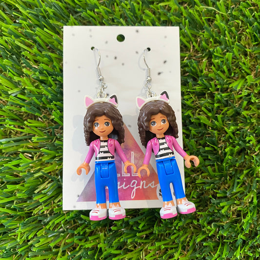 Gaby with Cat Ears Brick Character Dangle Earrings - Featuring Surgical Stainless Steel Hooks!