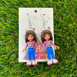 Gaby with Cat Ears Brick Character Dangle Earrings - Featuring Surgical Stainless Steel Hooks!