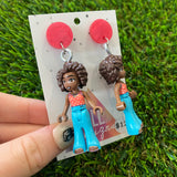 Groovy Blue Jeans Girl Brick Character Dangle Earrings - Featuring Marbled Pink Tops!