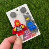 Red Caped Girl and Wolf Brick Characters Dangle Earrings - Featuring Black Glitter Tops!