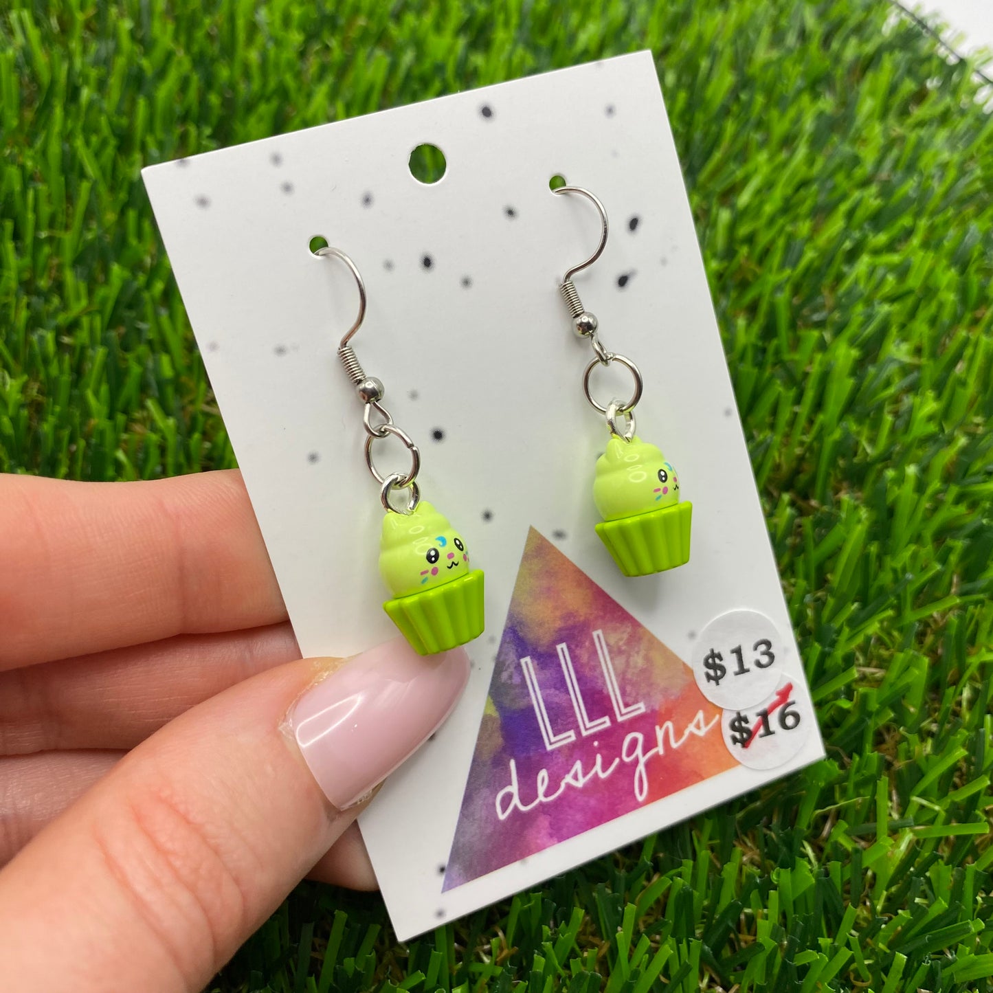 Lime Green Kitty Cupcake Brick Animal Hook Earrings - Super Lightweight!