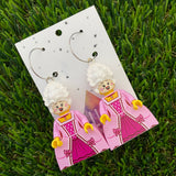 Brick Character Royal Lady with Wig Dangle Earrings - Featuring Surgical Stainless Steel Silver Hoops!